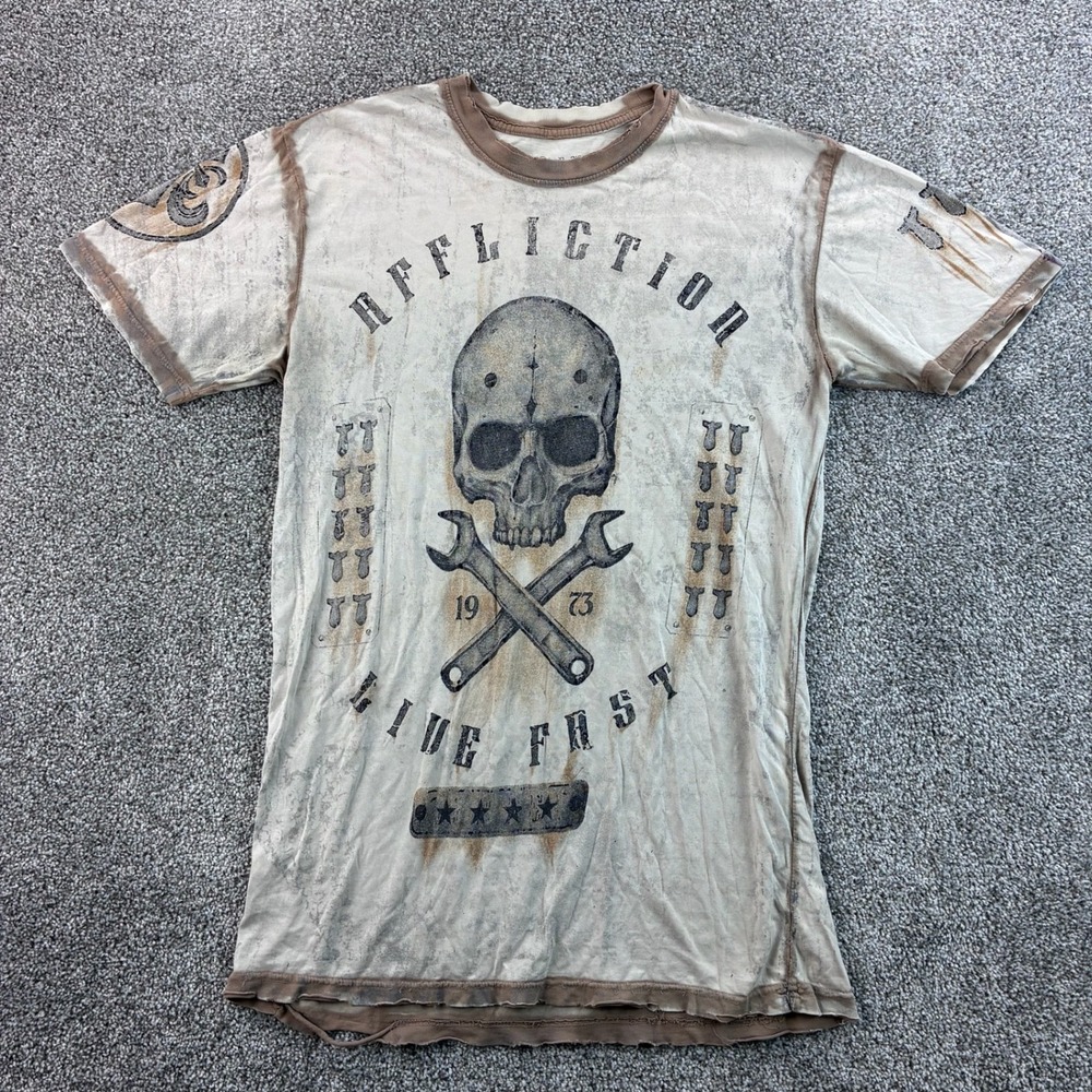 Y2K Affliction Shirt Mens M White Cotton Skull Live Fast Biker Y2K Grunge